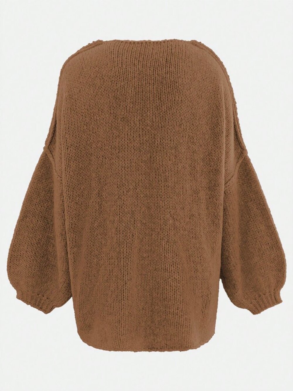 Brown Casual Women's Loose Rib-Knit Lantern Sleeve Midi Cardigan - Picture 2 of 6